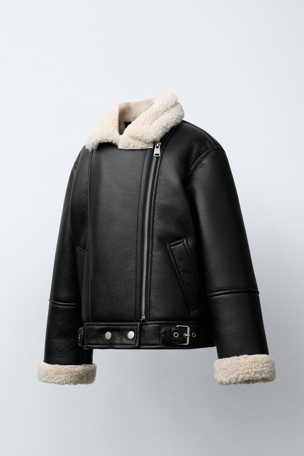 ZARA КУРТКА-ДУБЛЕНКА В БАЙКЕРСКОМ СТИЛЕ, ЧЕРНЫЙ/ЭКРЮ
