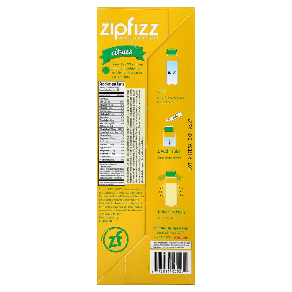 Zipfizz, смесь для приготовления напитка, цитрус, 20 тюбиков по 11 г (0,39 унции)
