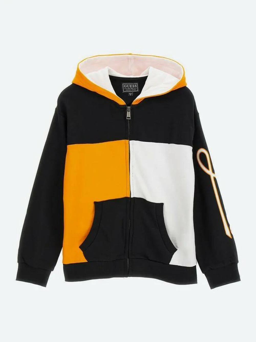 Кардиган трикотажный с капюшоном GUESS Черный/Белая и оранжевая вставки/Термопринт: логотип (Мальчик)