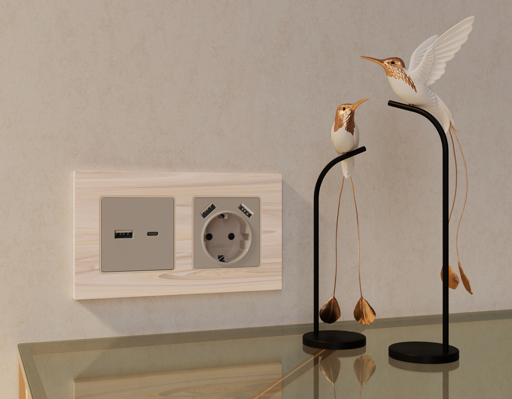 MA371010 Комплект механизма розетки ALFA Серо-бежевый матовый 2USB A+C 20W (быстрая зарядка) QUANT (AP3710, VM177)