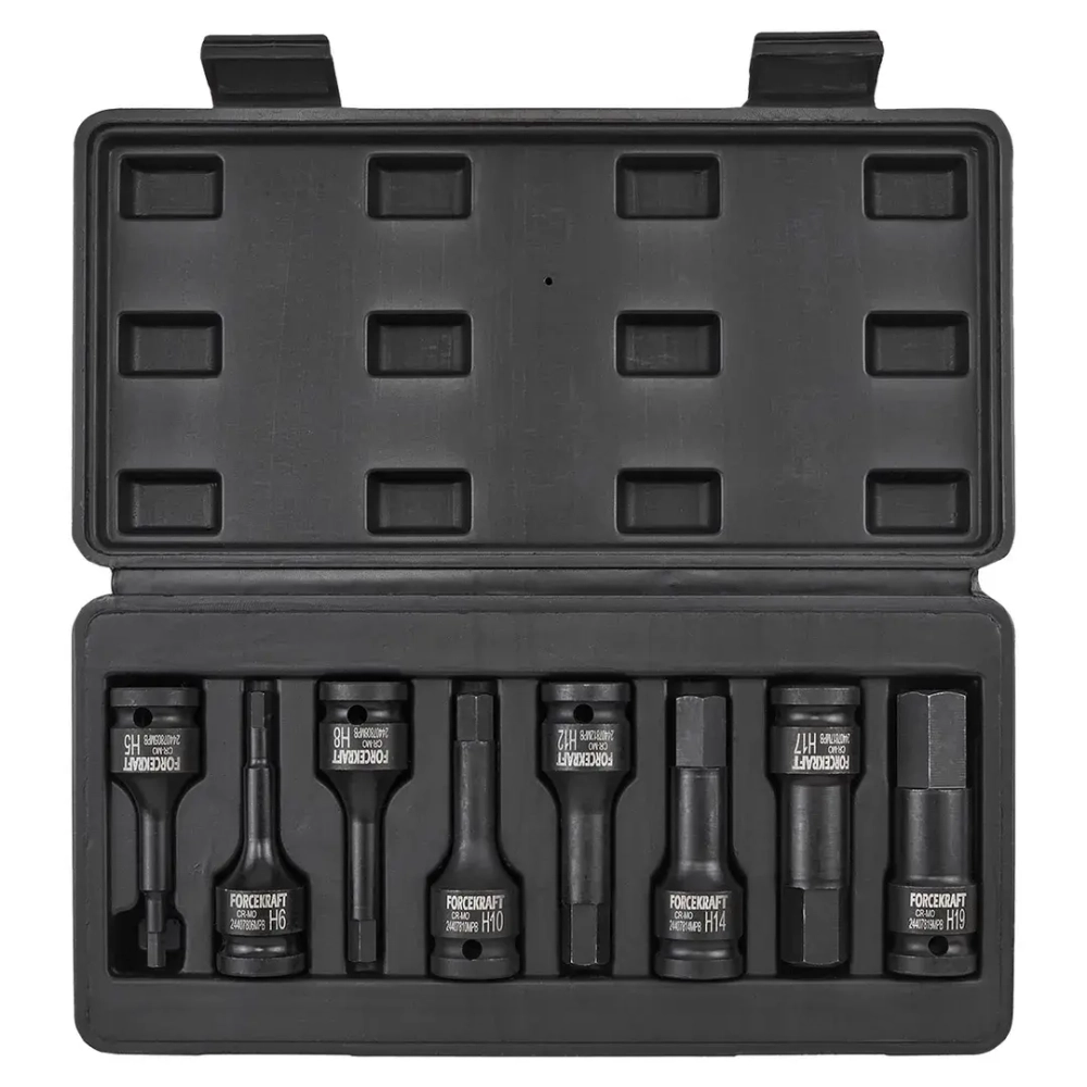Набор головок-бит 6-гранных ударных 8пр.,1/2''(H5, H6, H8, H10, H12, H14, H17, H19), в кейсе FORCEKRAFT FK-4087MPB