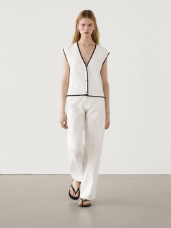 Massimo Dutti Трикотажный жилет с V-образным вырезом, натуральный, кремовый