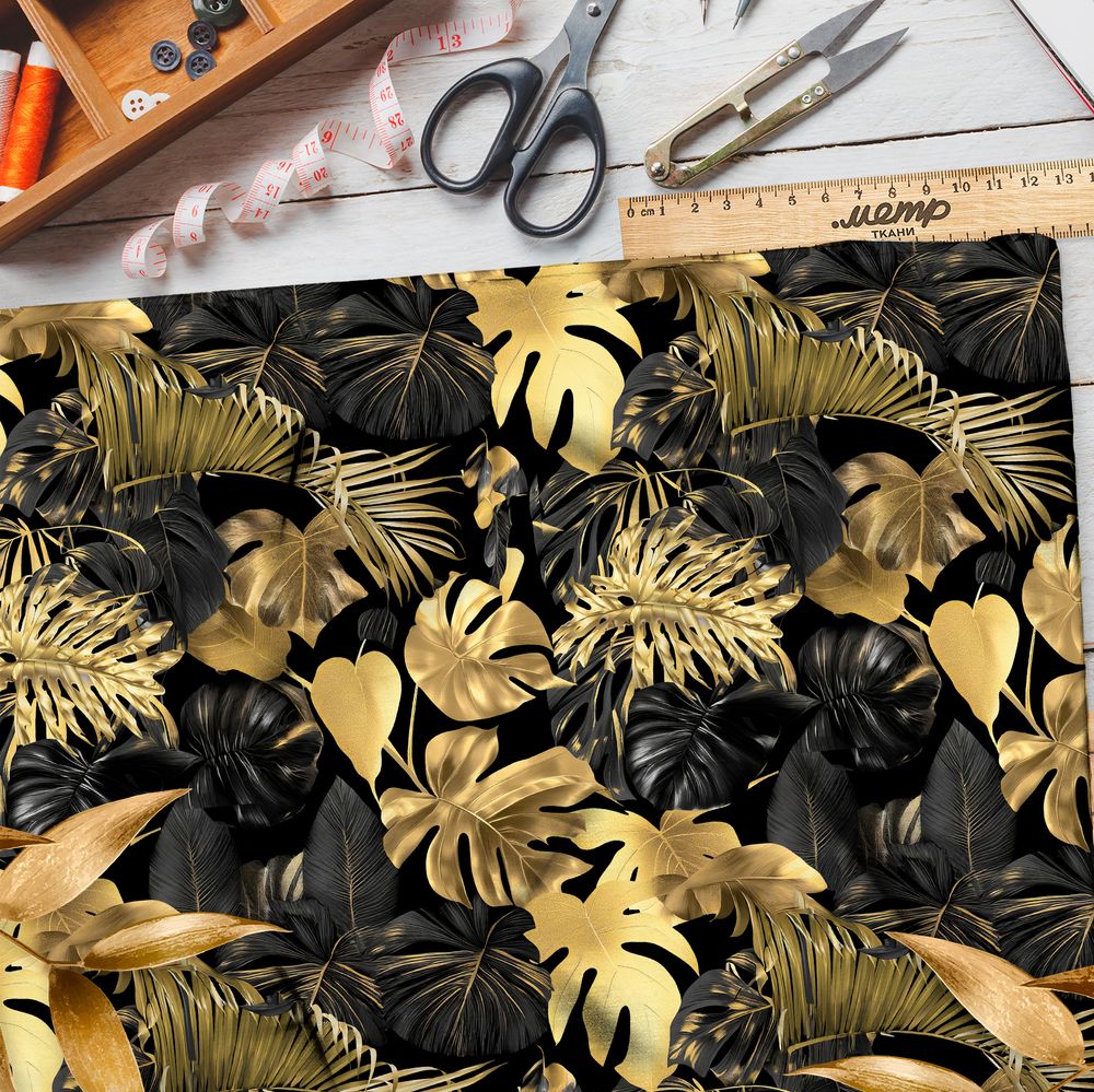 Ткань флис золотистые листья монстеры