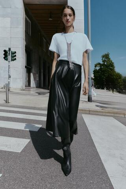 ZARA КОМБИНИРОВАННОЕ ПЛАТЬЕ МИДИ С ЮБКОЙ ИЗ ИСКУССТВЕННОЙ КОЖИ, ЧЕРНЫЙ/БЕЛЫЙ