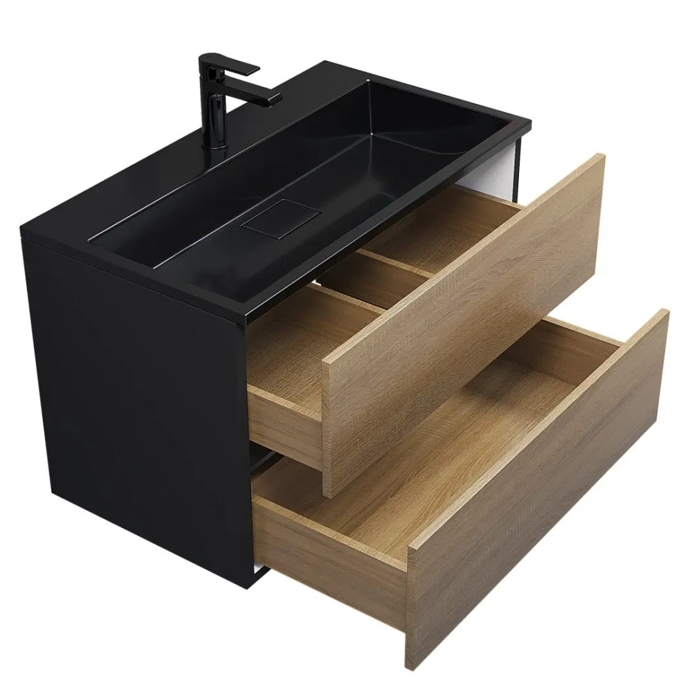 Тумба с раковиной Uperwood Barsa 80 см, раковина черная глянцевая, подвесная тумба черная/дуб сонома