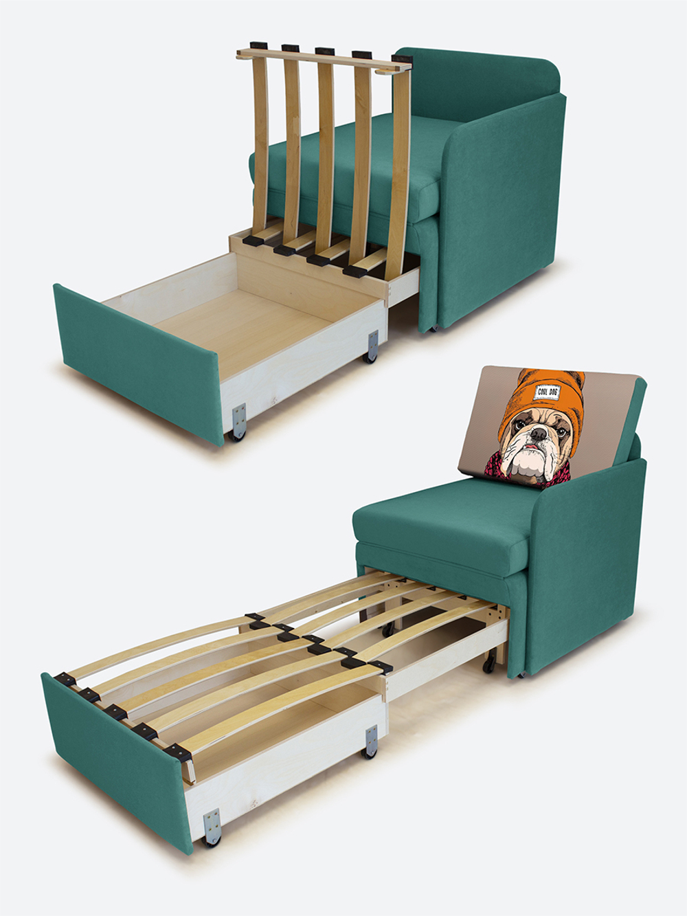 Кресло-кровать "Миник" с левым подлокотником, под правую руку, велюр Dream Mint, бульдог