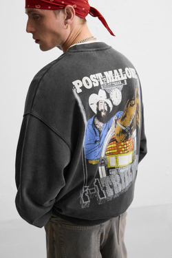 ZARA ТОЛСТОВКА С КРУГЛЫМ ВЫРЕЗОМ С ПРИНТОМ POST MALONE™, ТЕМНЫЙ АНТРАЦИТ