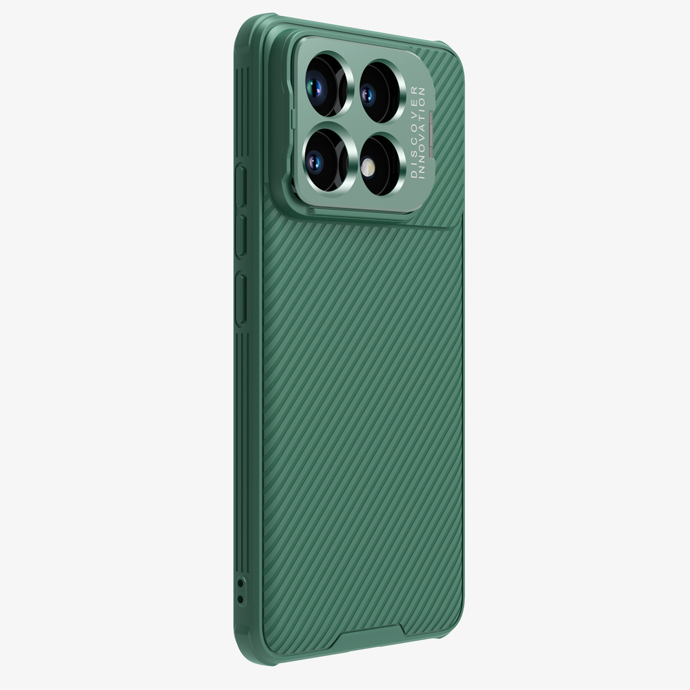 Чехол зеленого цвета от Nillkin для Xiaomi Poco F6 Pro с металлической крышкой и встроенным круглым магнитом MagSafe, серия CamShield Prop Magnetic (Camera-visible Version)