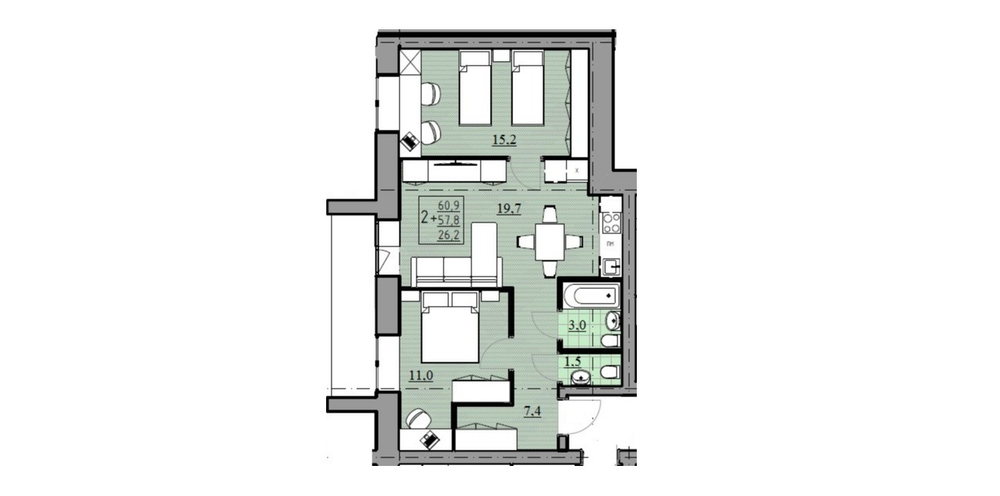 2+ квартира, 57,8 м² / Чистовая отделка