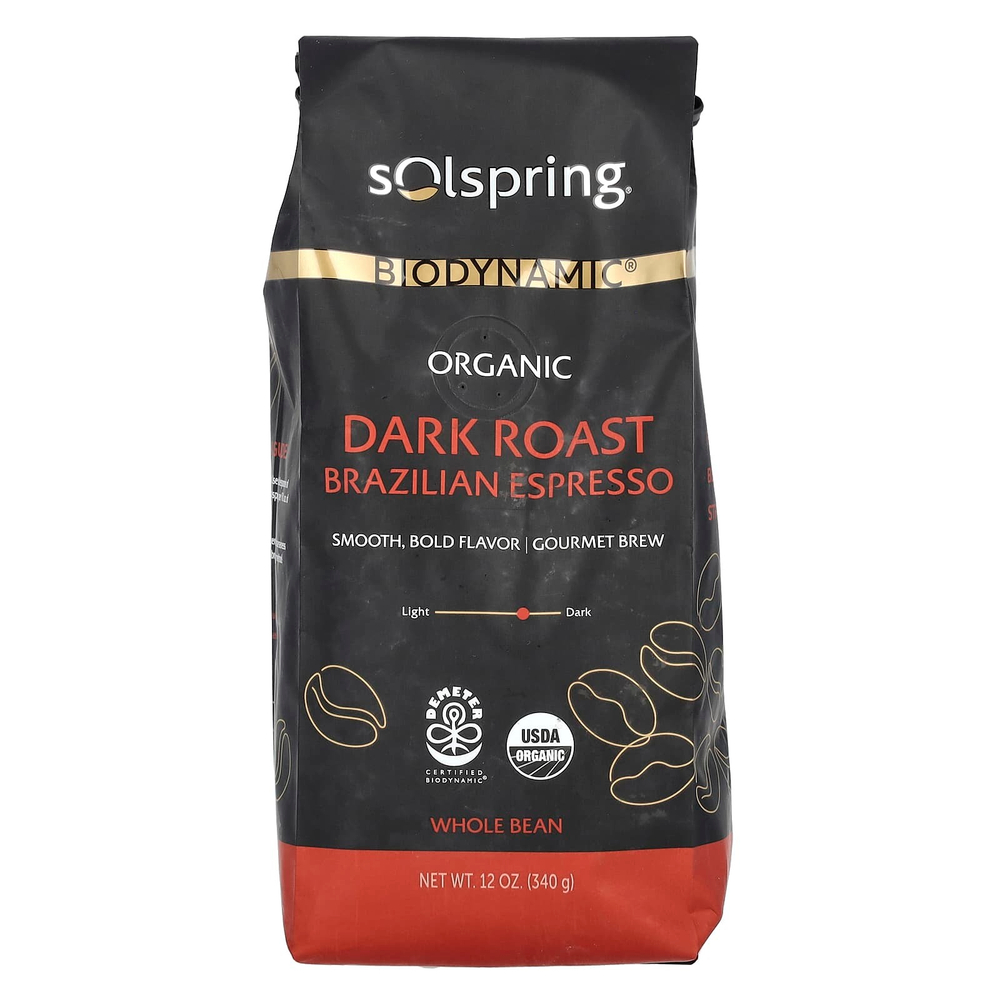 Dr. Mercola, Solspring, Biodynamic, органический бразильский эспрессо, цельные бобы, темная обжарка, 340 г (12 унций)