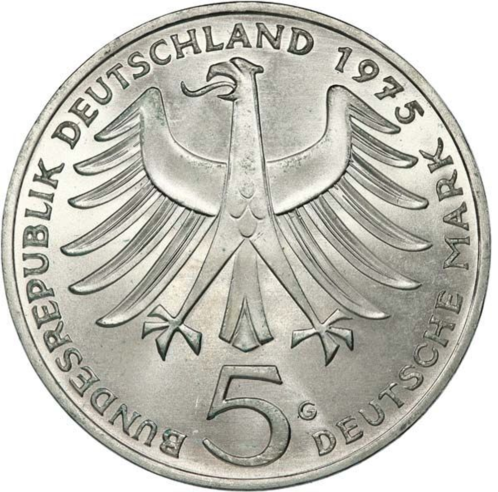 Germany, 5 Mark 1975 – Albert Schweitzer Commemoration (Karlsruhe Mint - "G"), AU
