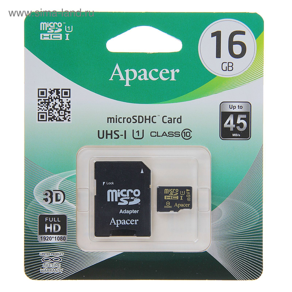 SD Micro APACER 16Gb Class10+адаптер
