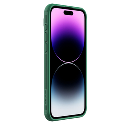 Противоударный чехол зеленого цвета (Deep Green) от Nillkin c поддержкой магнитной зарядки MagSafe для смартфона iPhone 15 Pro Max, с защитной шторкой камеры, серия CamShield Pro Magnetic