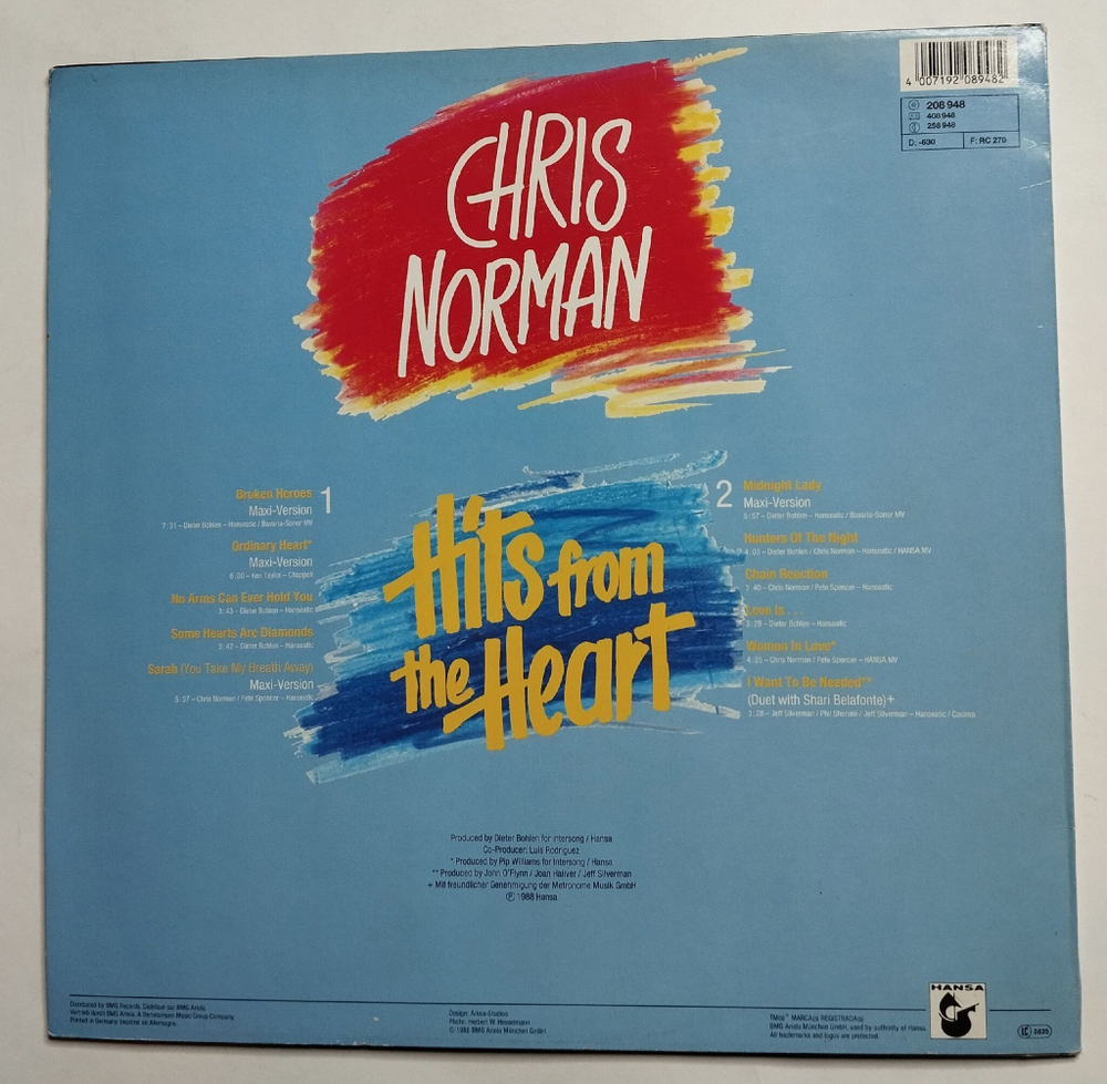 Винтажная виниловая пластинка LP Chris Norman Hits From The Heart (Germany 1988)