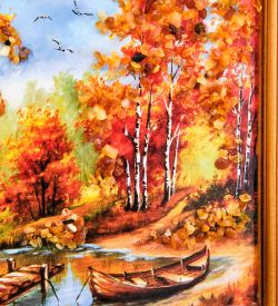 AMB-74/50 Картина «Лодка на озере» (с янтарной крошкой) дер.краш.рамка 12х15