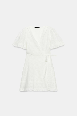 ZARA КОРОТКОЕ ПЛАТЬЕ С ЗАПАХОМ ИЗ РЕЛЬЕФНОЙ ТКАНИ, ЖЕЛТОВАТО-БЕЛЫЙ