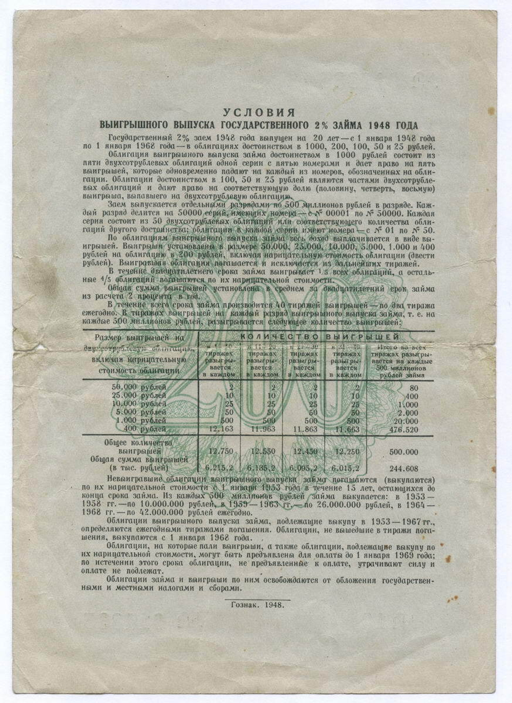Облигация 200 рублей 1948 год. 2% заем - выигрышный выпуск. Серия № 014835. VG-F