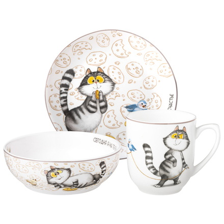 НАБОР ПОСУДЫ LEFARD "СЧАСТЬЕ ЕСТЬ" 3 ПР.: КРУЖКА 400 МЛ, ТАРЕЛКА 20,5 СМ, САЛАТНИК 15,5*5 СМ 600 МЛ