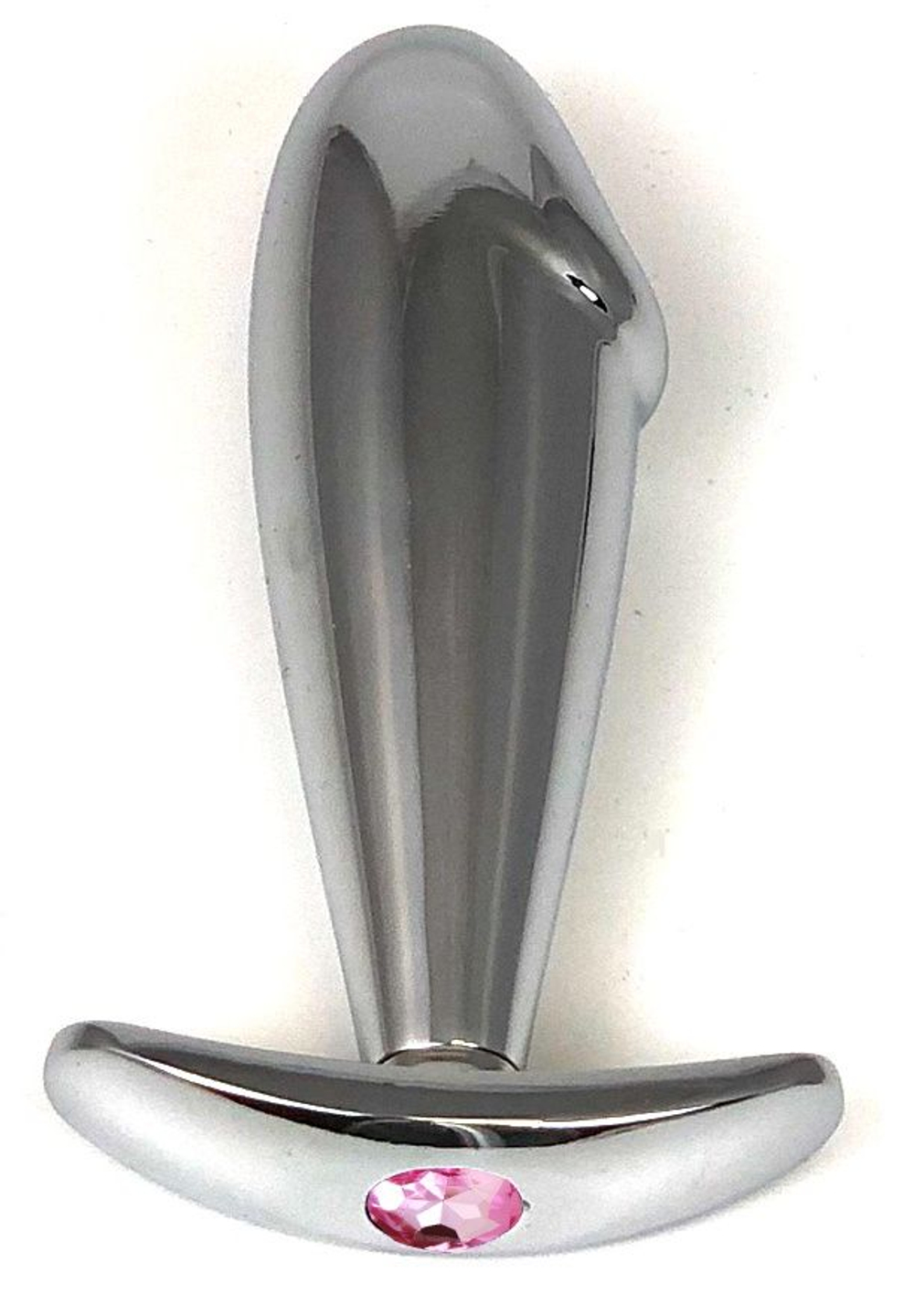 Серебристая анальная пробка-фаллос с нежно-розовым кристаллом – 9,5 см. (Цвет: нежно-розовый)