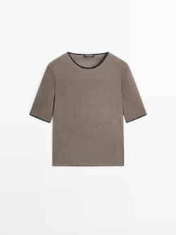 Massimo Dutti Футболка из смесовой шерсти с контрастной отделкой, коричневатый
