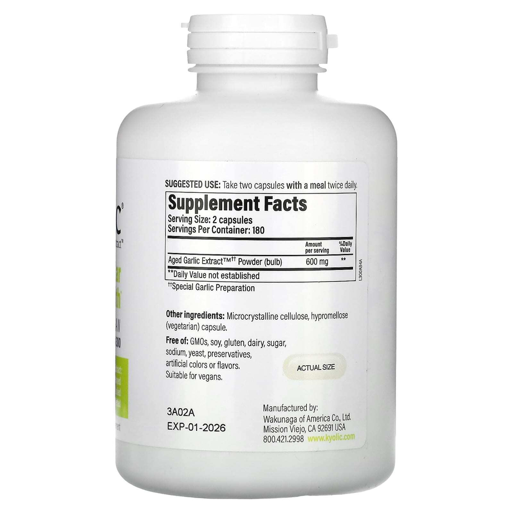 Kyolic, Aged Garlic Extract, выдержанный экстракт чеснока, здоровье сердечно-сосудистой системы, веганская формула 300, 360 веганских капсул (300 мг в 1 капсуле)
