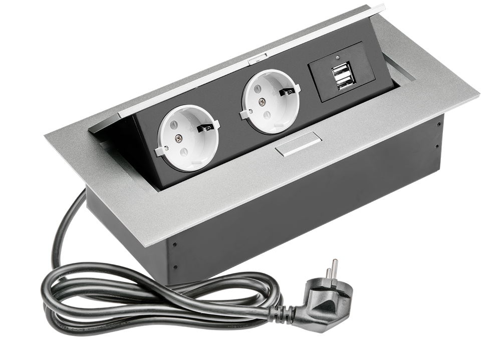 Встраиваемый настольный удлинитель, 2 гнезда, 2*USB, с кабелем, серый