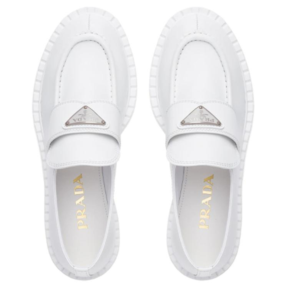 PRADA Chocolate Leather Loafers Women"s White