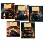 Тетрадь 12л., клетка, Alingar, скрепка, блок офсет, 100% белизна, мелованный картон (стандарт), "Super cars", 5 дизайнов в пленке т/у