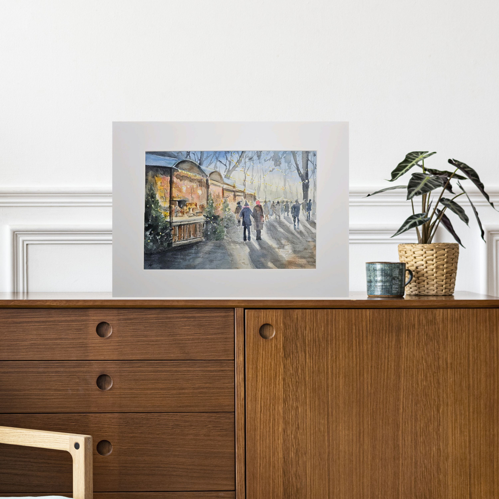 Картина авторская акварельная в паспарту 30х40 см на стену для интерьера "Предновогодняя ярмарка"