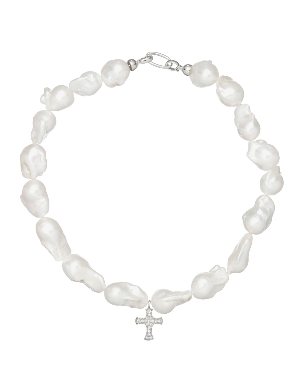 Колье крупный барочный неровный жемчуг, крест в камнях