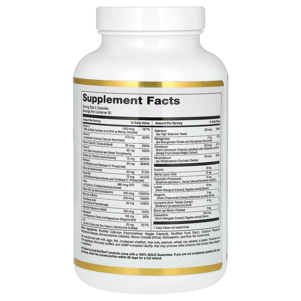 California Gold Nutrition, мультивитамины и минералы с метилом B12, витамином C, L-метилфолатом и биокверцетином, для приёма два раза в день, 180 растительных капсул