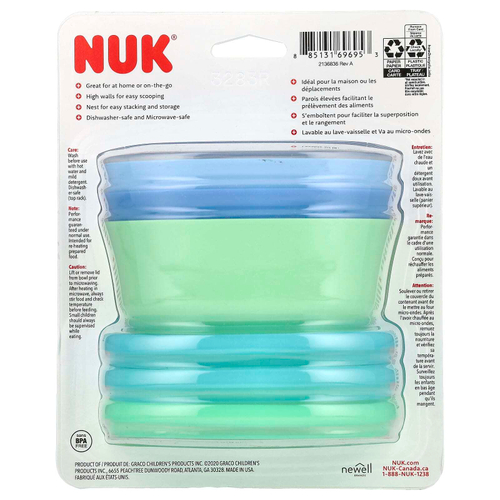 NUK, Миски для возрастных групп, для детей от 4 месяцев, синие и зеленые, 3 миски + 3 крышки