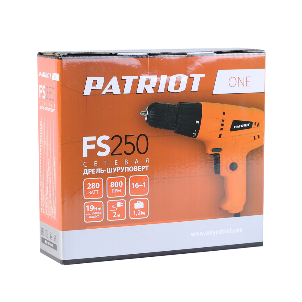 Дрель-шуруповерт сетевая PATRIOT FS 250, 1 скор., мощность 280 Вт, макс. крутящий момент 19 Нм, быстрозажимной патрон