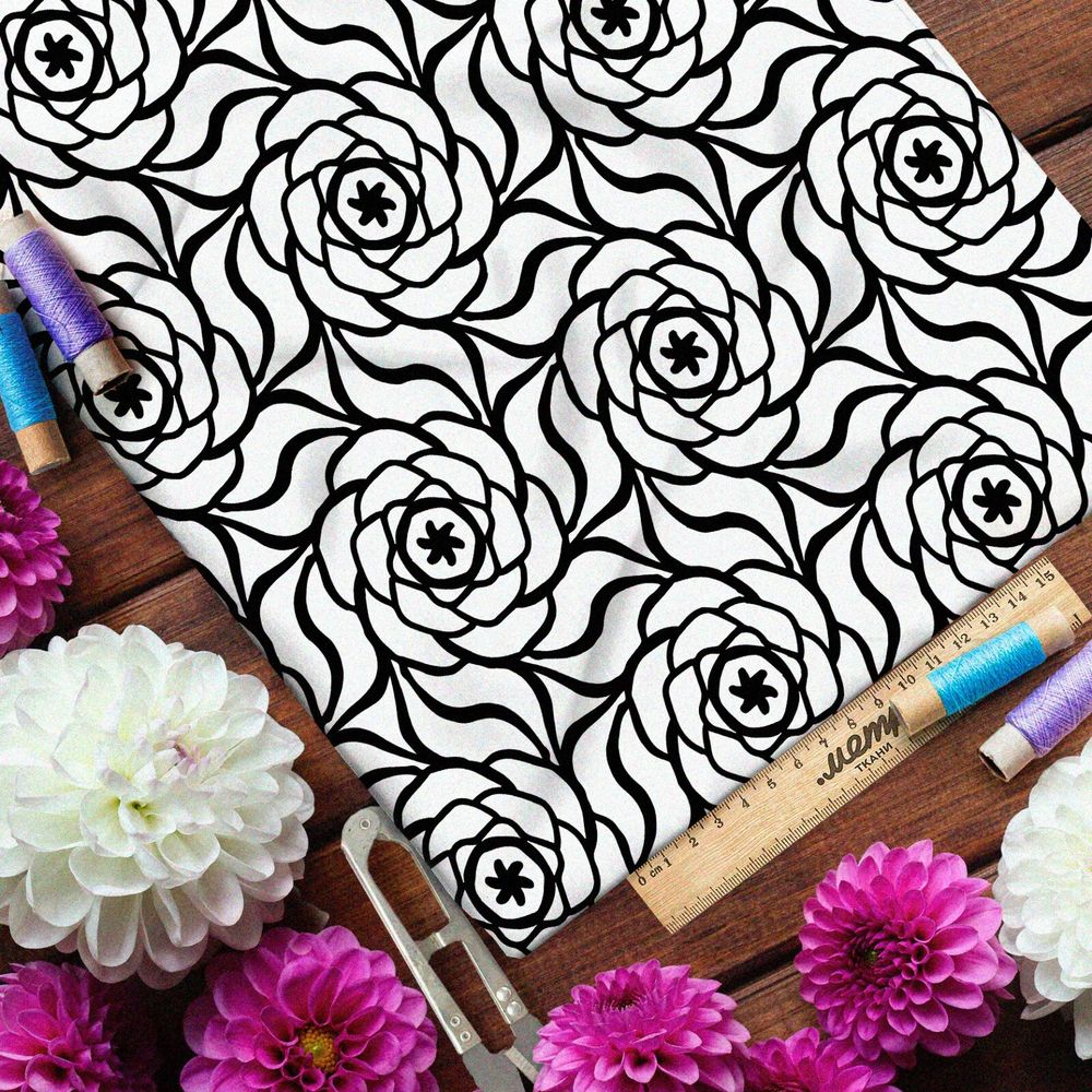 Ткань шелк Армани единый цветочный узор на белом фоне