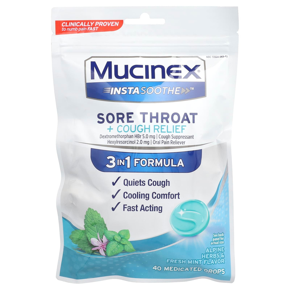 Mucinex, InstaSoothe ™, средство от боли в горле и кашля, альпийские травы и свежая мята, 40 лечебных капель