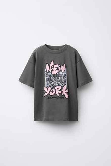 ZARA ФУТБОЛКА С ПРИНТОМ, АНТРАЦИТОВО-СЕРЫЙ