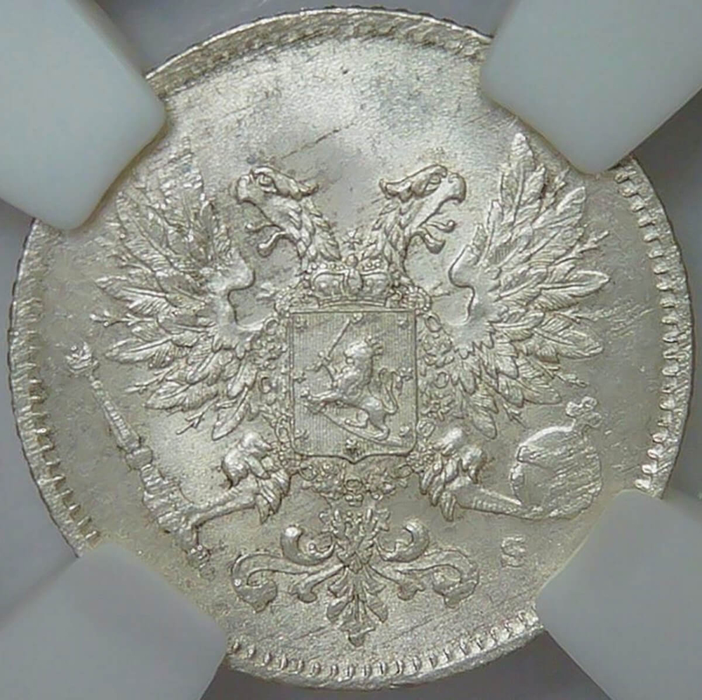25 пенни (pennia) 1917 S гербовый орёл без короны, Российская Финляндия в слабе ННР (MS63)