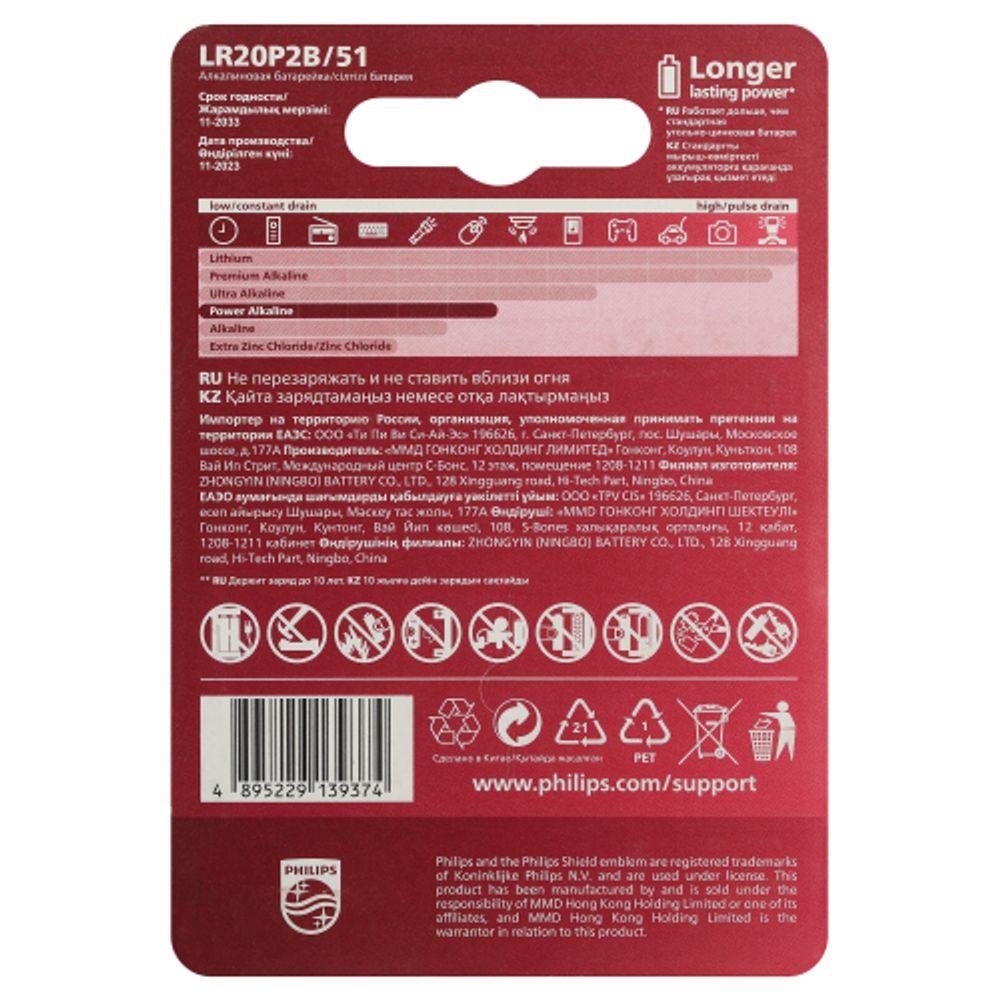 Батарейки Philips LR20P2B/51 D алкалиновые 2 шт. LR20-2BL Power (2/24/48/3360) | Philips