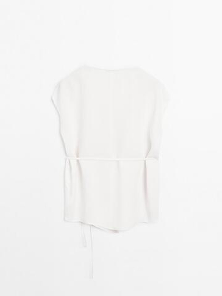 Massimo Dutti Топ из крепа с драпированным вырезом, натуральный, кремовый