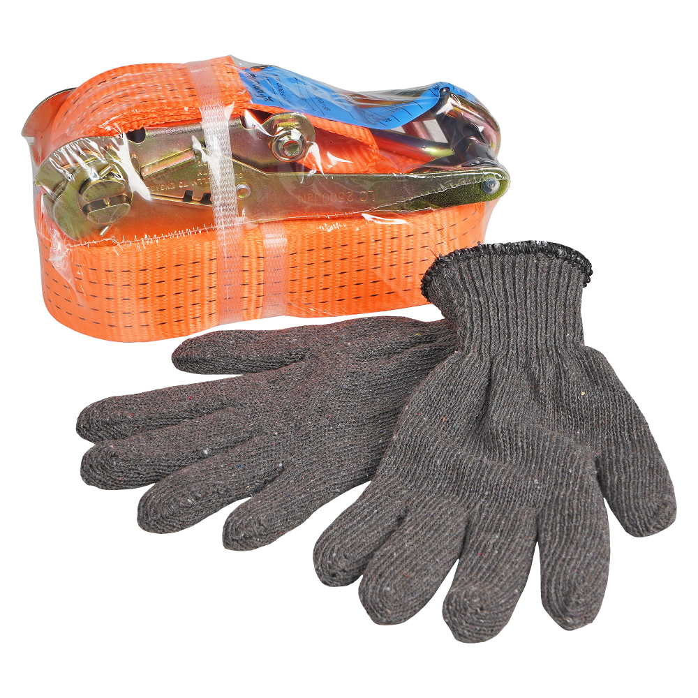 Набор ремень стяжной усиленный с храповиком для крепления груза 10 т 10 м и перчатки AIRLINE ASPM001