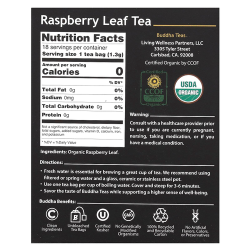 Buddha Teas, Органический травяной чай, листья малины, без кофеина, 18 чайных пакетиков, 24 г (0,83 унции)