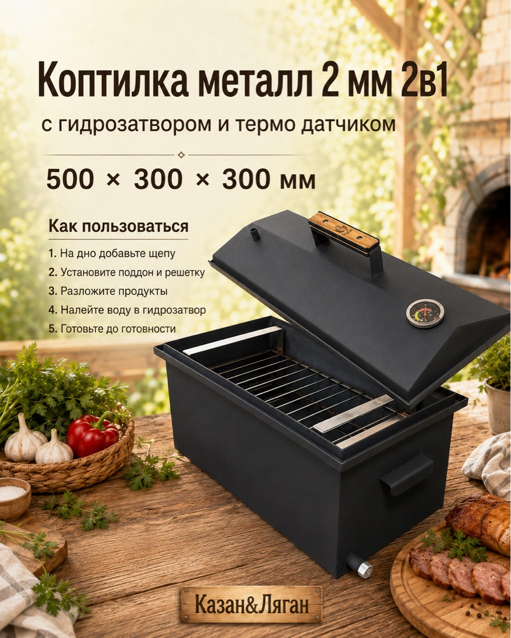 Коптилка металл 2 мм 2в1 с г-з и т.датчик 500*300*300 мм