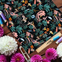 Ткань блэкаут сёрфинг, пальмы и волны на чёрном фоне