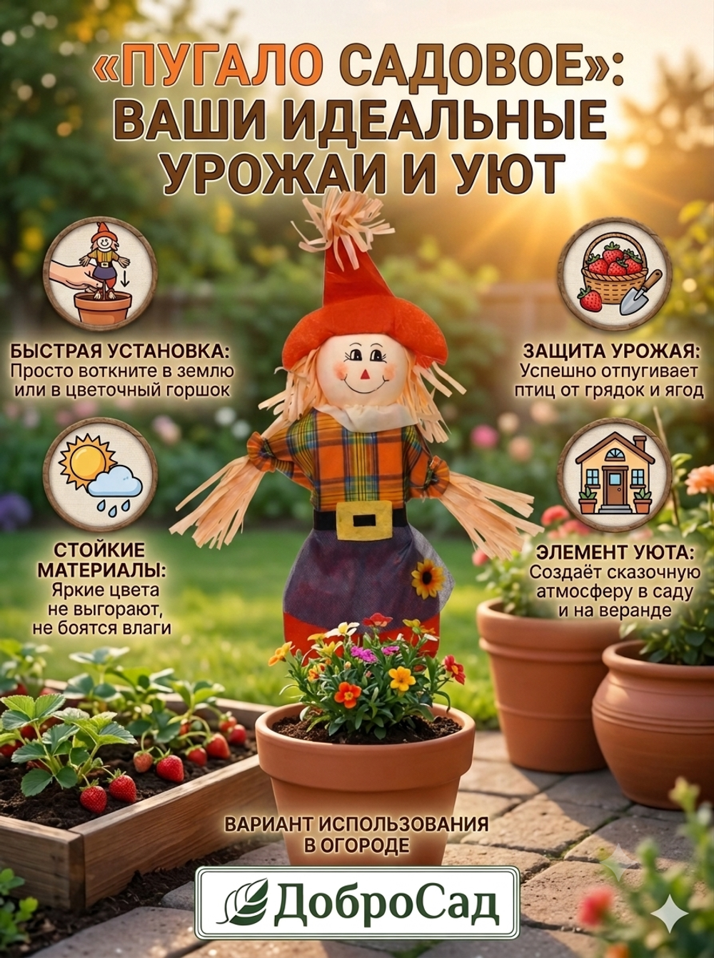 Фигура садовая «Пугало - Боня» 50 (90) см ДоброСад