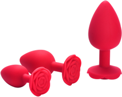 Красная силиконовая анальная пробка с ограничителем в форме розочки (Размер M)