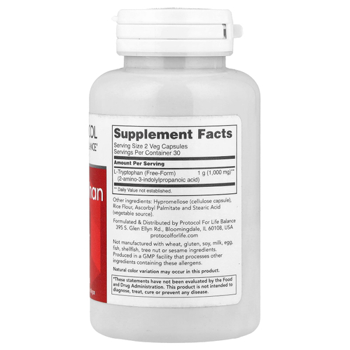 Protocol for Life Balance, L-триптофан, 500 мг, 60 растительных капсул