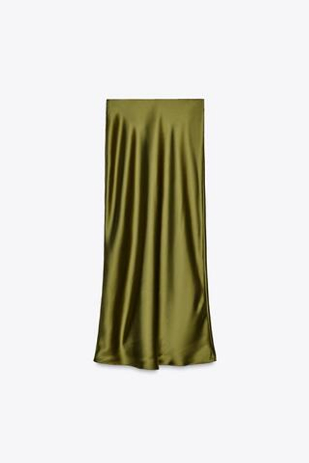 ZARA АТЛАСНАЯ ЮБКА МИДИ, ТЕМНО-ОЛИВКОВЫЙ