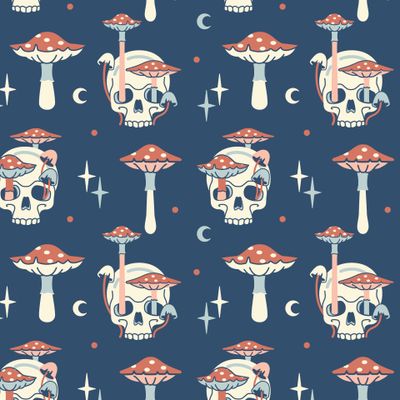 Веселый принт с грибами и черепом. Игривый тёмный фон с грибочками