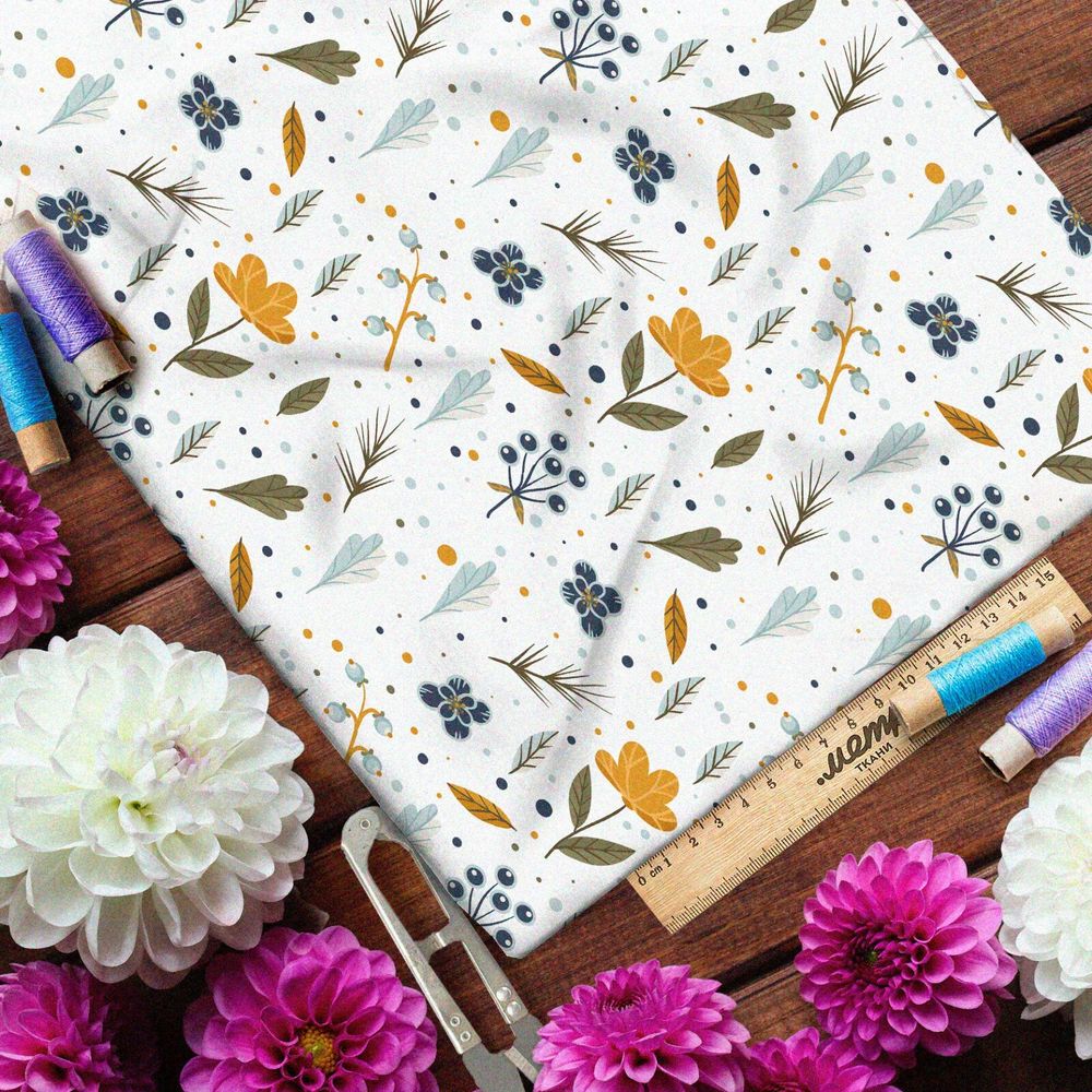 Ткань барби болотные листья и цветы на белом фоне