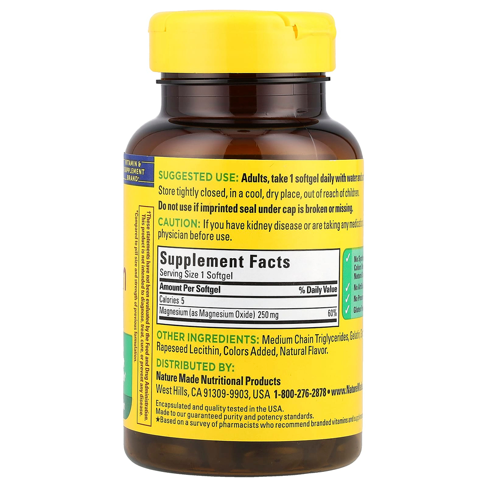 Nature Made, Магний, 250 мг, 90 мягких таблеток